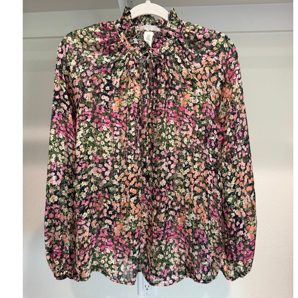 H&M Floral Tie-Neck Blouse Women's Size XS (Oversized!) Sheer Multicolor